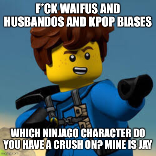 Or am I the only one who’s into ninjago characters | F*CK WAIFUS AND HUSBANDOS AND KPOP BIASES; WHICH NINJAGO CHARACTER DO YOU HAVE A CRUSH ON? MINE IS JAY | made w/ Imgflip meme maker