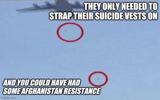 Afghanistan strategic bombing | THEY ONLY NEEDED TO STRAP THEIR SUICIDE VESTS ON; AND YOU COULD HAVE HAD SOME AFGHANISTAN RESISTANCE | image tagged in usa,taliban,afghanistan | made w/ Imgflip meme maker