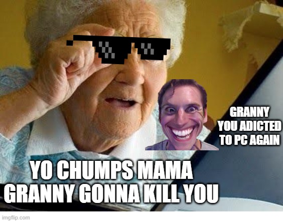 old lady at computer | GRANNY YOU ADICTED TO PC AGAIN; YO CHUMPS MAMA GRANNY GONNA KILL YOU | image tagged in old lady at computer | made w/ Imgflip meme maker