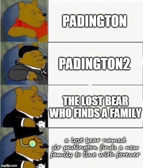 my best mems SO FAR | PADINGTON; PADINGTON2; THE LOST BEAR WHO FINDS A FAMILY; a lost bear named sir padington finds a new family to live with forever | image tagged in tuxedo winnie the pooh 4 panel | made w/ Imgflip meme maker