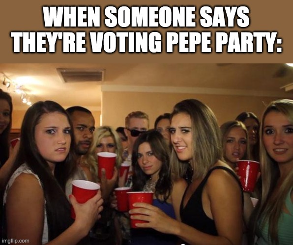 Vote Right Unity Party! All the cool kids are doing it! PR1CE for President and Pollard for Congress! | WHEN SOMEONE SAYS THEY'RE VOTING PEPE PARTY: | image tagged in awkward party,funny,memes,politics,election,campaign | made w/ Imgflip meme maker