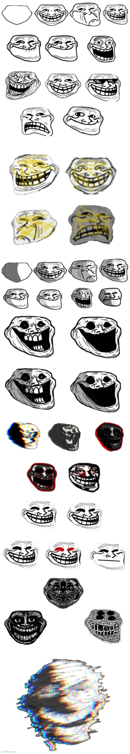 Every single Troll pack I have made, ever. Starting from innocent looking to absolute madness. | image tagged in trollface pack,trollface pack plus,trollface pack extension,shadow troll pack,trollge pack,trollge pack plus | made w/ Imgflip meme maker