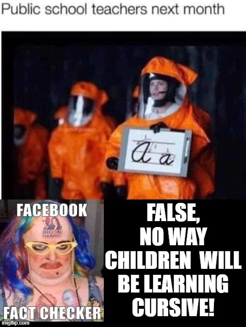 False, Fact Checker! | FALSE, NO WAY CHILDREN  WILL BE LEARNING CURSIVE! | image tagged in fact check | made w/ Imgflip meme maker