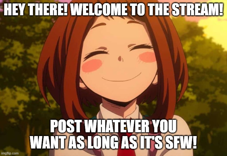 Smiling Uraraka | HEY THERE! WELCOME TO THE STREAM! POST WHATEVER YOU WANT AS LONG AS IT'S SFW! | image tagged in smiling uraraka | made w/ Imgflip meme maker