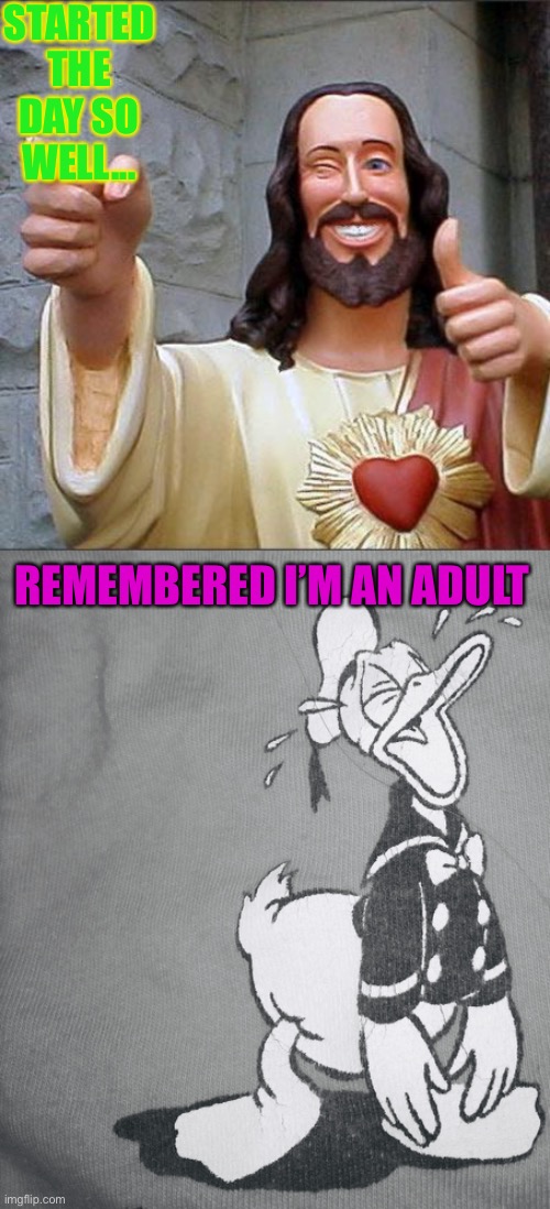 STARTED THE DAY SO WELL... REMEMBERED I’M AN ADULT | image tagged in memes,buddy christ | made w/ Imgflip meme maker