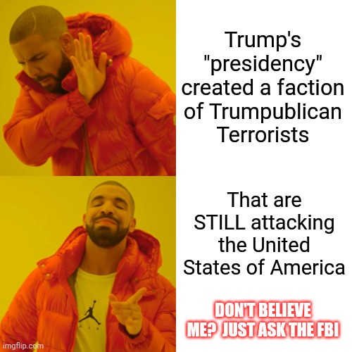 Domestic Terrorism | Trump's "presidency" created a faction of Trumpublican Terrorists; That are STILL attacking the United States of America; DON'T BELIEVE ME?  JUST ASK THE FBI | image tagged in memes,drake hotline bling,trumpublican terrorists,domestic terrorists,republicans,terrorists | made w/ Imgflip meme maker