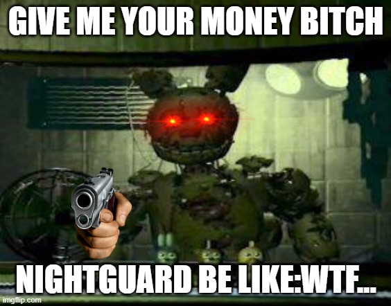 E | GIVE ME YOUR MONEY BITCH; NIGHTGUARD BE LIKE:WTF... | image tagged in money | made w/ Imgflip meme maker