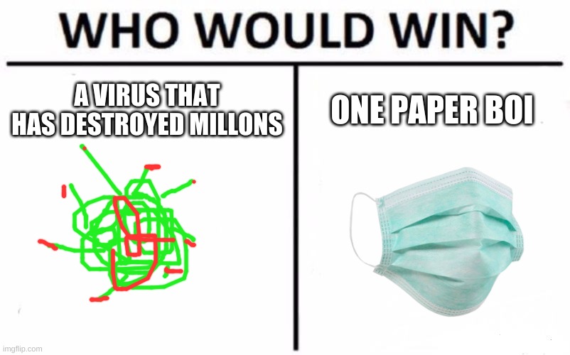 Who Would Win? Meme |  A VIRUS THAT HAS DESTROYED MILLONS; ONE PAPER BOI | image tagged in memes,who would win | made w/ Imgflip meme maker