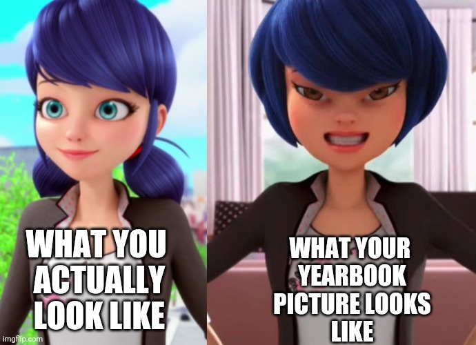The Yearbook part 2 | WHAT YOU
 ACTUALLY
 LOOK LIKE; WHAT YOUR 
YEARBOOK
PICTURE LOOKS
LIKE | image tagged in memes,miraculous ladybug,relatable | made w/ Imgflip meme maker