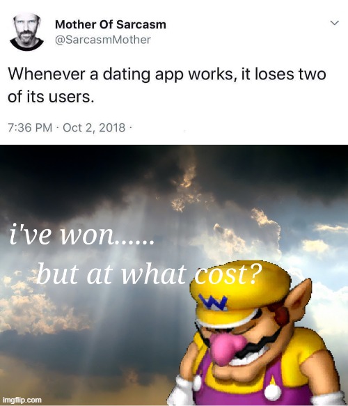 I don't know if someone has had this idea before | image tagged in i've won but at what cost,wario sad,wario,online dating,tinder,internet dating | made w/ Imgflip meme maker