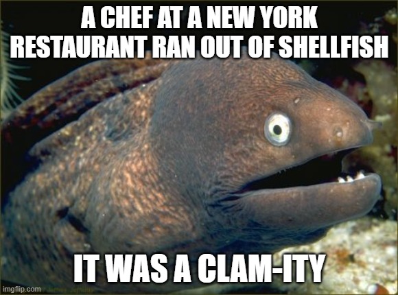 Bad Joke Eel | A CHEF AT A NEW YORK RESTAURANT RAN OUT OF SHELLFISH; IT WAS A CLAM-ITY | image tagged in memes,bad joke eel | made w/ Imgflip meme maker
