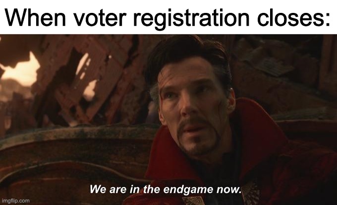No more advertising in other streams! Anyone who follows now won't get to vote. | When voter registration closes: | image tagged in vote,for,the,right,unity,party | made w/ Imgflip meme maker