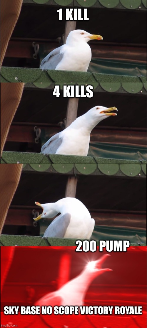 Inhaling Seagull | 1 KILL; 4 KILLS; 200 PUMP; SKY BASE NO SCOPE VICTORY ROYALE | image tagged in memes,inhaling seagull | made w/ Imgflip meme maker