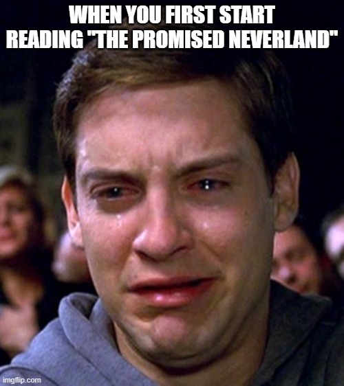 I just started. It's good, but dark and sad. | WHEN YOU FIRST START READING "THE PROMISED NEVERLAND" | image tagged in crying peter parker,the promised neverland | made w/ Imgflip meme maker