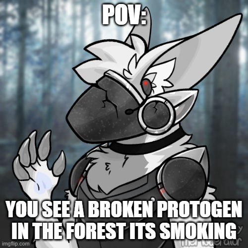 rp lol 2 | POV:; YOU SEE A BROKEN PROTOGEN IN THE FOREST ITS SMOKING | image tagged in no over powered oc's please,gay's are ok,baked beans | made w/ Imgflip meme maker