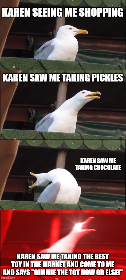 i wish karens never existed |  KAREN SEEING ME SHOPPING; KAREN SAW ME TAKING PICKLES; KAREN SAW ME TAKING CHOCOLATE; KAREN SAW ME TAKING THE BEST TOY IN THE MARKET AND COME TO ME AND SAYS "GIMMIE THE TOY NOW OR ELSE!" | image tagged in memes,inhaling seagull,karen,lol,oh wow are you actually reading these tags | made w/ Imgflip meme maker