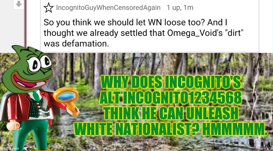 One alt threatening to loose another alt? Why? | WHY DOES INCOGNITO'S ALT INCOGNITO1234568 THINK HE CAN UNLEASH WHITE NATIONALIST? HMMMMM. | image tagged in incognito,still,loves,his bbf,blank white template,vote pepe party | made w/ Imgflip meme maker