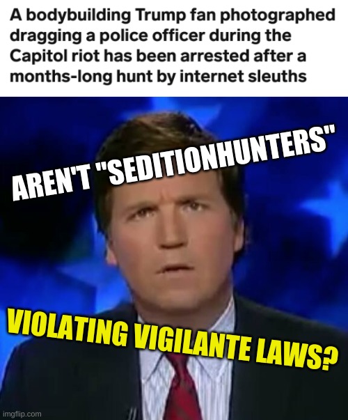 he's right wing you know | AREN'T "SEDITIONHUNTERS"; VIOLATING VIGILANTE LAWS? | image tagged in confused tucker carlson,conservative hypocrisy,qanon,white nationalism,capitol hill,social justice warrior | made w/ Imgflip meme maker