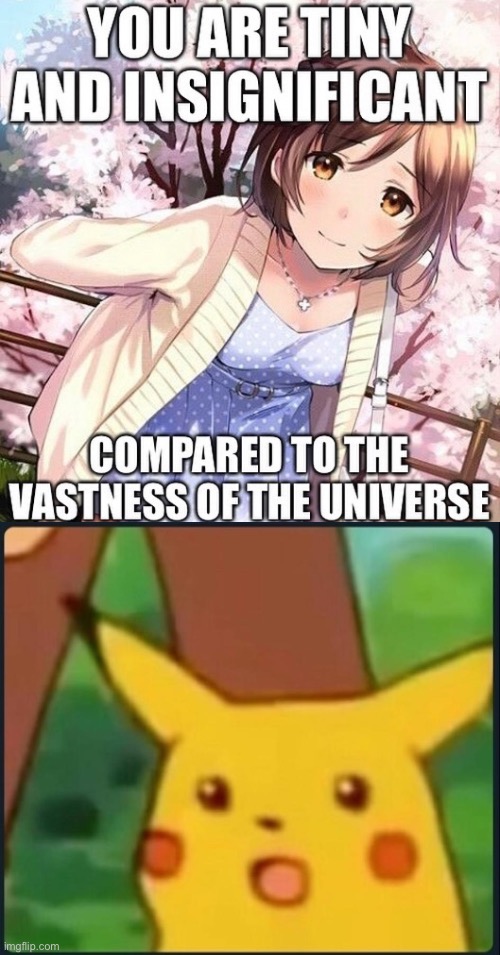 You are tiny and insignificant compared to the vastness of the universe | image tagged in surprised pikachu,anime,funny,funny memes,memes,comment | made w/ Imgflip meme maker