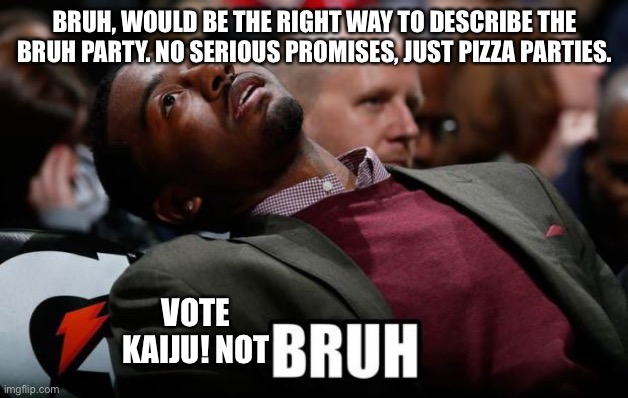 Bruh | BRUH, WOULD BE THE RIGHT WAY TO DESCRIBE THE BRUH PARTY. NO SERIOUS PROMISES, JUST PIZZA PARTIES. VOTE KAIJU! NOT | image tagged in bruh | made w/ Imgflip meme maker