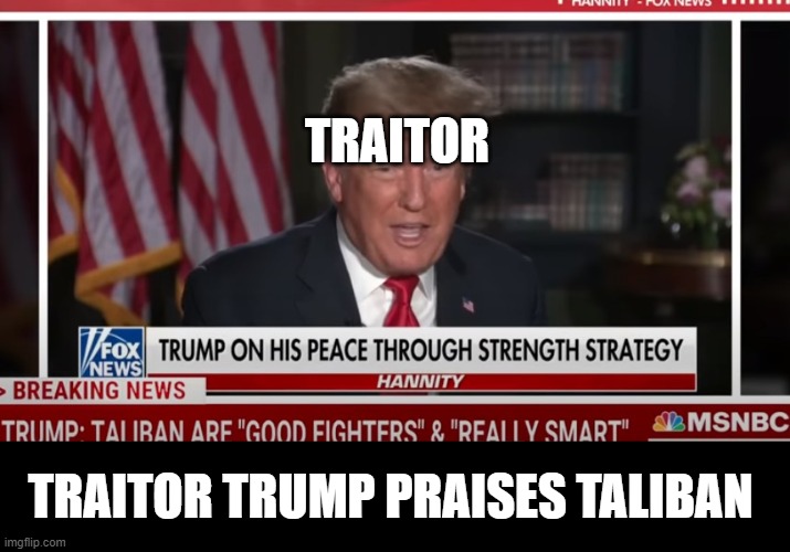 Trump Says Taliban are "Really Smart" -  Trump Is A TRAITOR | TRAITOR; TRAITOR TRUMP PRAISES TALIBAN | image tagged in cadet bone spurs,draft dodger,criminal,insurrectionist,traitor,treason | made w/ Imgflip meme maker