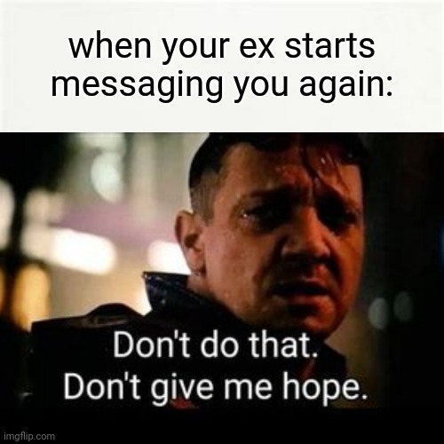 when your ex starts messaging you again: | image tagged in hawkeye ''don't give me hope'',ex girlfriend | made w/ Imgflip meme maker