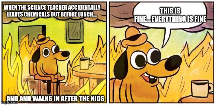 This is Fine (Blank) | THIS IS FINE....EVERYTHING IS FINE; WHEN THE SCIENCE TEACHER ACCIDENTALLY LEAVES CHEMICALS OUT BEFORE LUNCH.... AND AND WALKS IN AFTER THE KIDS | image tagged in this is fine blank | made w/ Imgflip meme maker