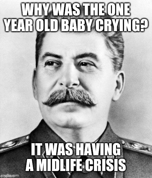 Oof | WHY WAS THE ONE YEAR OLD BABY CRYING? IT WAS HAVING A MIDLIFE CRISIS | image tagged in hypocrite stalin,dark humor,funny,starving,wtf,this is not okie dokie | made w/ Imgflip meme maker