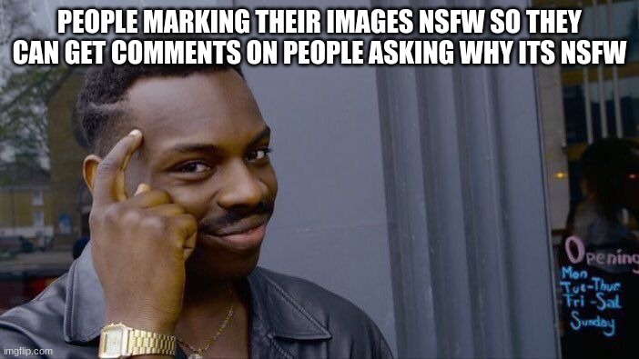 true words | PEOPLE MARKING THEIR IMAGES NSFW SO THEY CAN GET COMMENTS ON PEOPLE ASKING WHY ITS NSFW | image tagged in memes,roll safe think about it,true,dont read my tagline | made w/ Imgflip meme maker