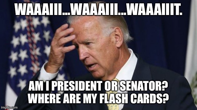 Joe Biden worries | WAAAIII...WAAAIII...WAAAIIIT. AM I PRESIDENT OR SENATOR? WHERE ARE MY FLASH CARDS? | image tagged in joe biden worries | made w/ Imgflip meme maker