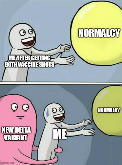 Running Away Balloon Meme | NORMALCY; ME AFTER GETTING BOTH VACCINE SHOTS; NORMALCY; NEW DELTA VARIANT; ME | image tagged in memes,running away balloon | made w/ Imgflip meme maker