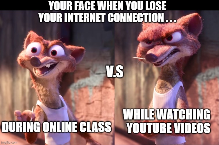 Duke Weaselton's take on Internet #1 | YOUR FACE WHEN YOU LOSE YOUR INTERNET CONNECTION . . . V.S; WHILE WATCHING YOUTUBE VIDEOS; DURING ONLINE CLASS | image tagged in zootopia | made w/ Imgflip meme maker