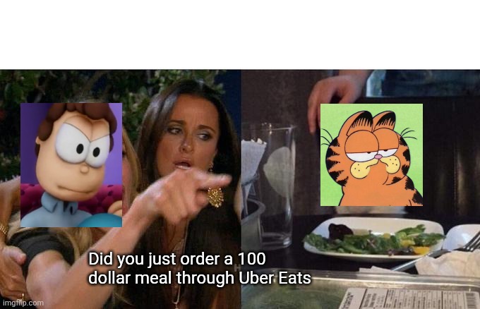 Jon Arbuckle yells at Garfield | Did you just order a 100 dollar meal through Uber Eats | image tagged in memes,woman yelling at cat,cats | made w/ Imgflip meme maker