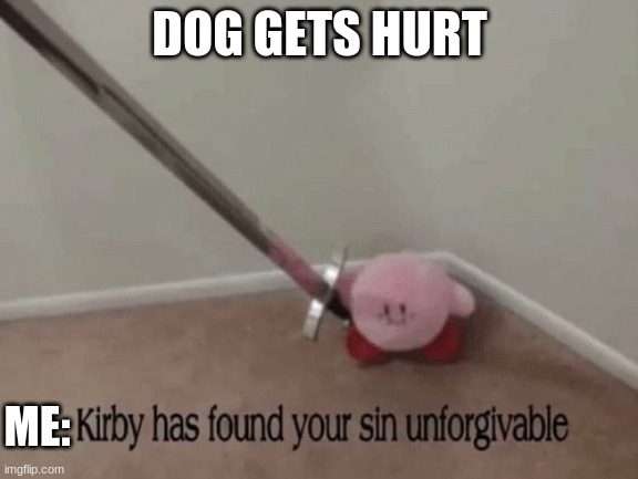 we love dog | DOG GETS HURT; ME: | image tagged in kirby has found your sin unforgivable | made w/ Imgflip meme maker