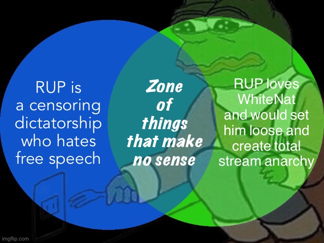 RUP is a dictatorship or RUP are anarchist free-speech maniacs? Pick a lane, Pepe! :) | RUP loves WhiteNat and would set him loose and create total stream anarchy; Zone of things that make no sense; RUP is a censoring dictatorship who hates free speech | image tagged in pepe party,rup,rup party,sad pepe suicide,free speech,hate speech | made w/ Imgflip meme maker