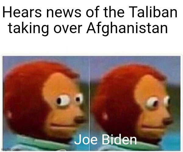 Joe Biden's reaction to the Taliban taking over Afghanistan | Hears news of the Taliban taking over Afghanistan; Joe Biden | image tagged in memes,monkey puppet | made w/ Imgflip meme maker