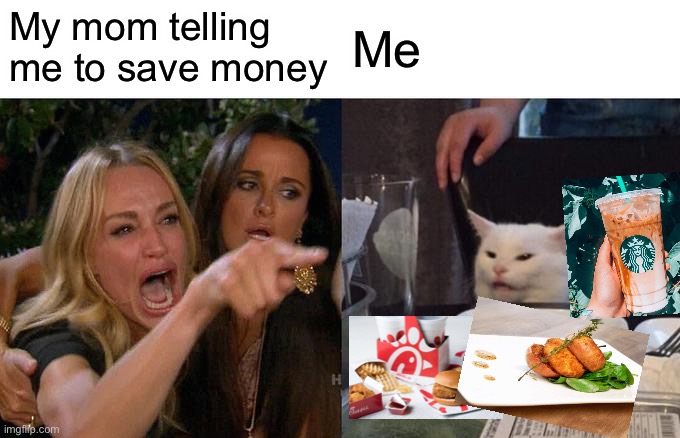 Saving money | My mom telling me to save money; Me | image tagged in memes,woman yelling at cat | made w/ Imgflip meme maker