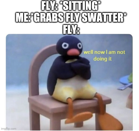 Then I wait for 1 minute for it to sit then give up and put the fly swatter away and it's sitting | FLY: *SITTING*
ME:*GRABS FLY SWATTER*
FLY: | image tagged in memes,blank transparent square,well now i am not doing it,fly,fly swatter,meme | made w/ Imgflip meme maker