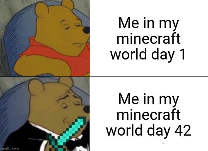 Yes ths is the title | Me in my minecraft world day 1; Me in my minecraft world day 42 | image tagged in memes,tuxedo winnie the pooh,video games,minecraft,minecraft diamon sword,gaming | made w/ Imgflip meme maker