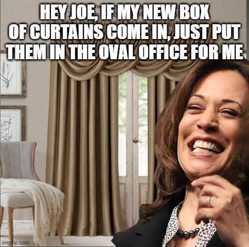 President Kamala | HEY JOE, IF MY NEW BOX OF CURTAINS COME IN, JUST PUT THEM IN THE OVAL OFFICE FOR ME | image tagged in kamala harris,joe biden,afghanistan,25th admendmant,resignation,impeech | made w/ Imgflip meme maker