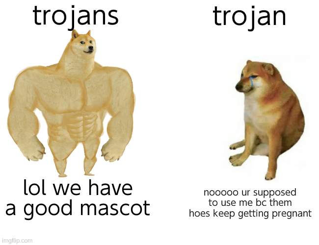 Buff Doge vs. Cheems Meme | trojans trojan lol we have a good mascot nooooo ur supposed to use me bc them hoes keep getting pregnant | image tagged in memes,buff doge vs cheems | made w/ Imgflip meme maker