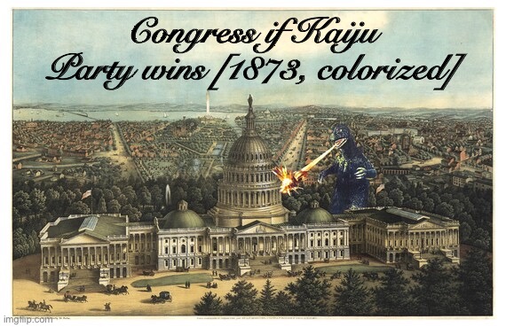 Satirical purposes only. I don’t think Kaiju is bad ;) | Congress if Kaiju Party wins [1873, colorized] | image tagged in kaiju congress,kaiju,godzilla,congress,kaiju party,fantasy painting | made w/ Imgflip meme maker