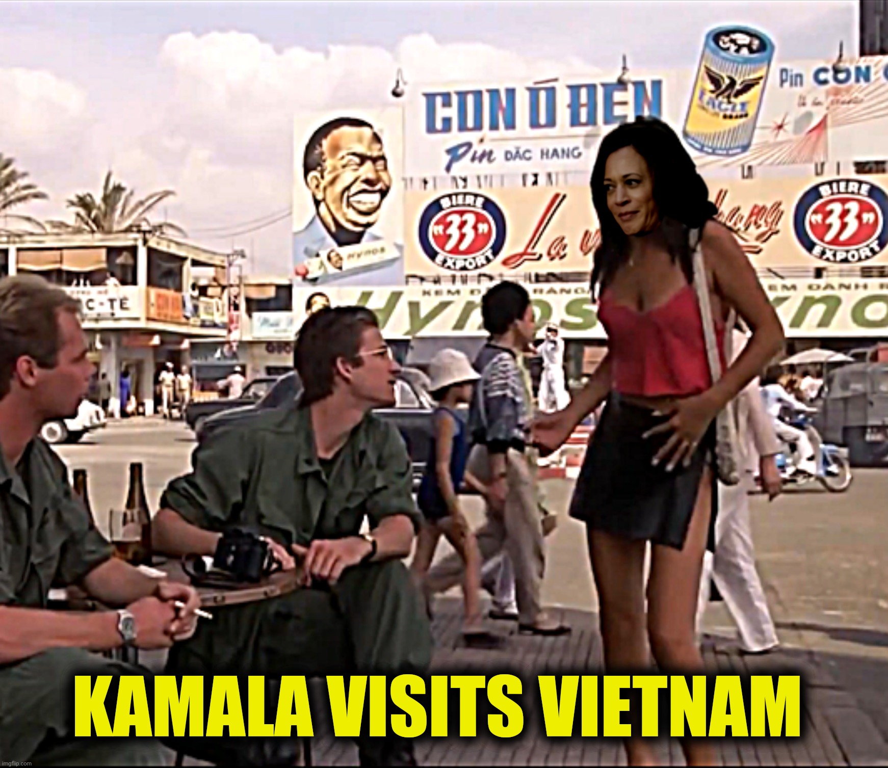 The fall of Saigon (Full Mental Jacket) | KAMALA VISITS VIETNAM | image tagged in bad photoshop,kamala harris,full metal jacket,fall of saigon | made w/ Imgflip meme maker