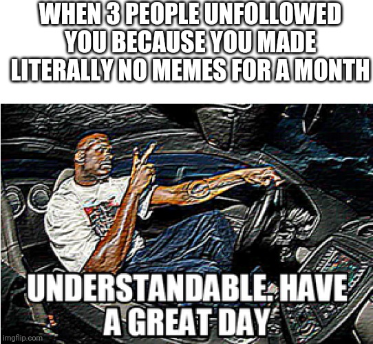 Saying I'm sparatic with meme-making would be quite the understatement | WHEN 3 PEOPLE UNFOLLOWED YOU BECAUSE YOU MADE LITERALLY NO MEMES FOR A MONTH | image tagged in understandable have a great day,memes,sparatic,imgflip,imgflip users,unfollow | made w/ Imgflip meme maker