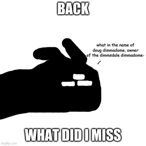 what in the name of doug dimmadome | BACK; WHAT DID I MISS | image tagged in what in the name of doug dimmadome | made w/ Imgflip meme maker
