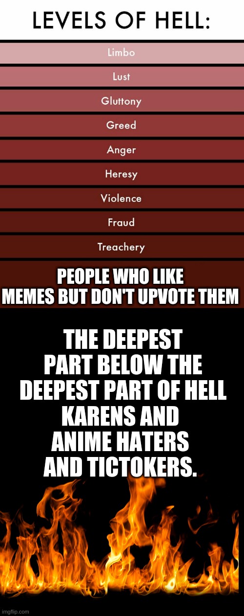 The true levels of hell |  PEOPLE WHO LIKE MEMES BUT DON'T UPVOTE THEM; THE DEEPEST PART BELOW THE DEEPEST PART OF HELL; KARENS AND ANIME HATERS AND TICTOKERS. | image tagged in levels of hell,karens,anime,haters,upvotes,memes | made w/ Imgflip meme maker