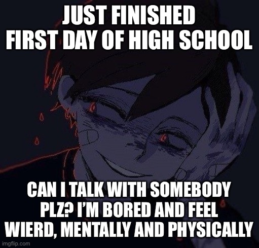 JUST FINISHED FIRST DAY OF HIGH SCHOOL; CAN I TALK WITH SOMEBODY PLZ? I’M BORED AND FEEL WIERD, MENTALLY AND PHYSICALLY | made w/ Imgflip meme maker