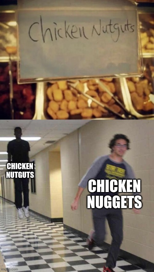 CHICKEN NUTGUTS; CHICKEN NUGGETS | image tagged in floating boy chasing running boy,funny,error | made w/ Imgflip meme maker