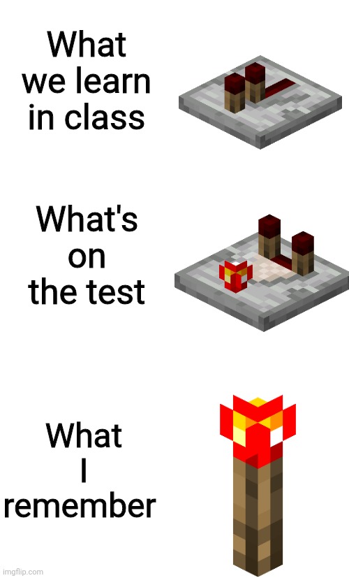 What we learn in class; What's on the test; What I remember | image tagged in blank white template,school | made w/ Imgflip meme maker
