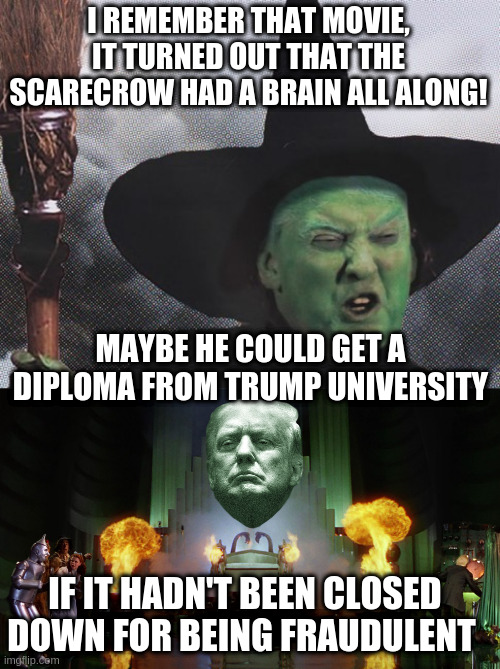 Response to meme with Biden as the scarecrow | I REMEMBER THAT MOVIE, IT TURNED OUT THAT THE SCARECROW HAD A BRAIN ALL ALONG! MAYBE HE COULD GET A DIPLOMA FROM TRUMP UNIVERSITY; IF IT HADN'T BEEN CLOSED DOWN FOR BEING FRAUDULENT | image tagged in response meme,wizard of oz,trump,biden,trump university | made w/ Imgflip meme maker